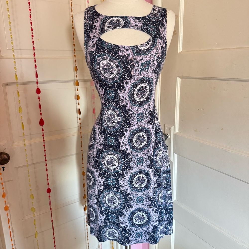 Aeropostale Floral Cutout Mini Dress L Sleeveless Navy Pink